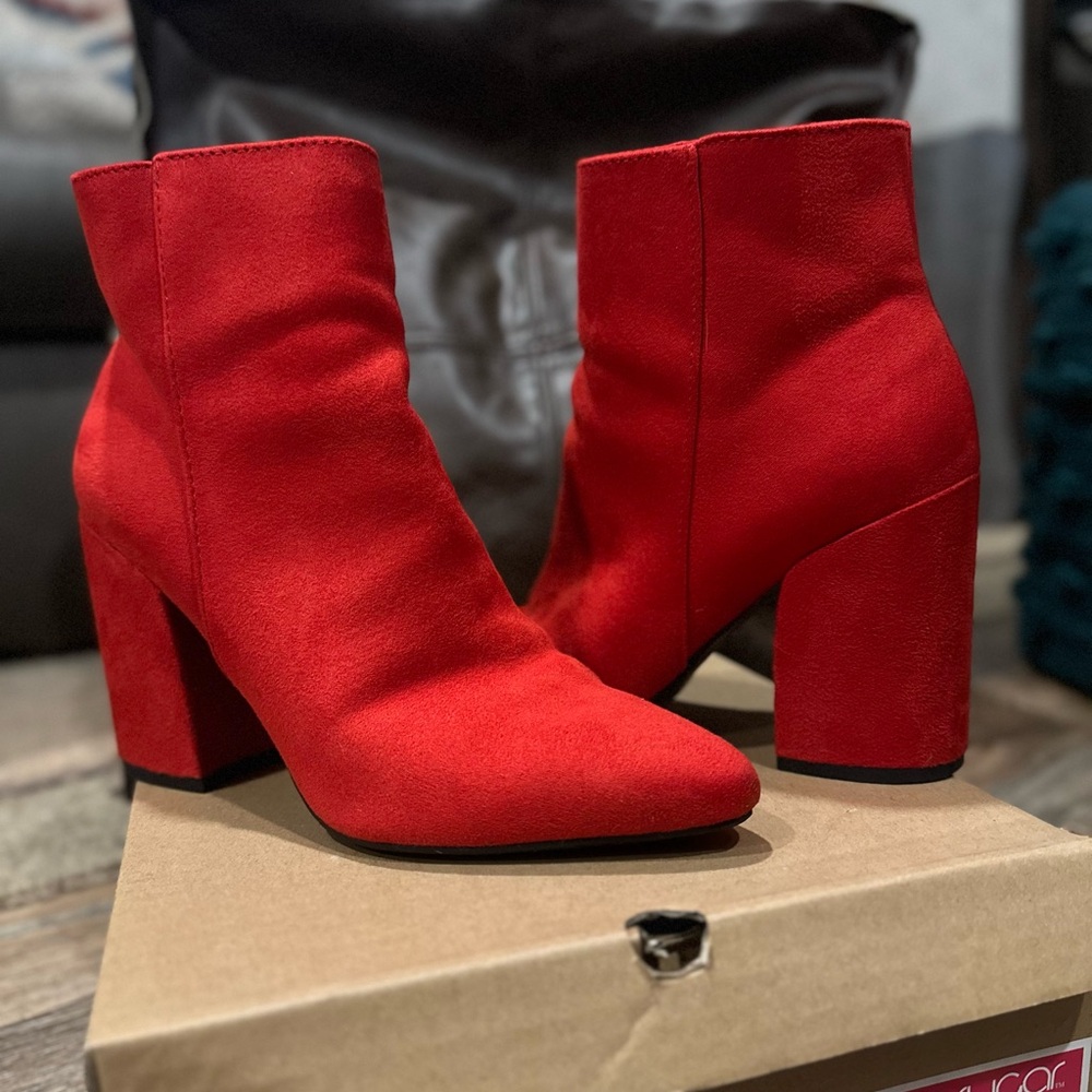Sugar- Red Suede Block Heel Ankle Boots - Women's Fashion Boots